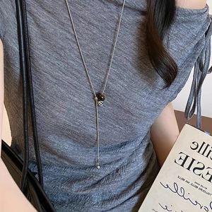 Tiger eye and spotted stone flower heart Y-necklace on silver snake chain for women