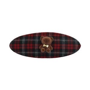Cute brown flocked bear on red and black plaid oval hair clip with gold bow accent