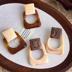 French Retro Geometric Drop Earrings With Wood And Resin Amber Tortoise Shell Square Hollow Splicing For Women Resort Daily