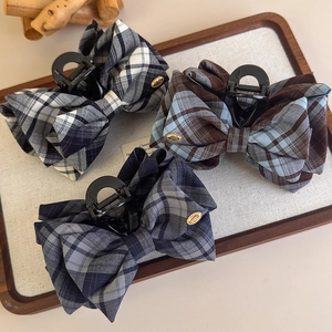 Plaid fabric bow hair claw clips with gold metal Love accent in three classic colors