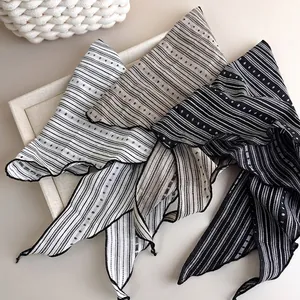 Set of retro striped cotton scarves in beige and khaki colors with premium stitching