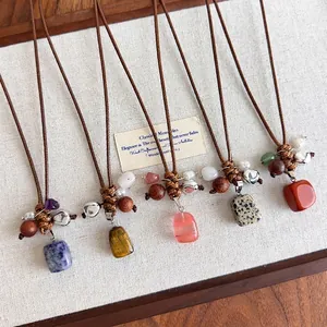 Collier Pendentif en Pierre Naturelle Ethnique Boho Avec Künstliche Perles en Bois Fausse Künstliche Perle Corde Cirée Ajustable Bijoux pour Femmes