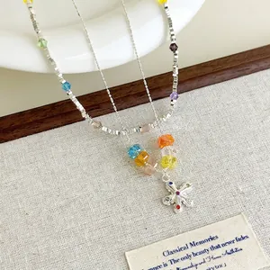 Colorful crystal star pendant necklace in S925 silver with vibrant beads for summer layering