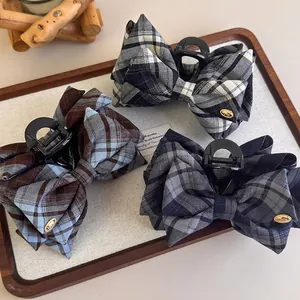 Preppy Academy Style Plaid Fabric Bow Hair Claw Clip French Vintage Acrylic Large Shark Clip Elegant Hair Accessories For Women