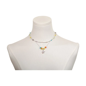 Double-layered summer necklace with colorful crystal beads and a sparkling floral pendant