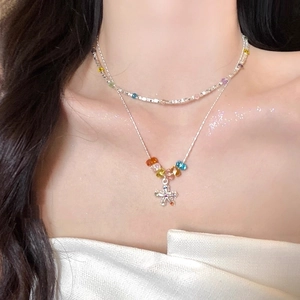 Copper Alloy Rhinestone Flower Star Pendant Necklace Colorful Beaded Chain Stackable Bohemian Jewelry For Women Summer Style