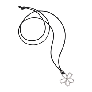 Silver hollow flower petal pendant necklace with adjustable black wax cord cord long chain