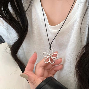 Hollow Flower Pendant Necklace Alloy Silver Pointed Petal Design Long Adjustable Black Wax Rope Sweater Chain Minimalist Jewelry For Women