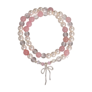 Double-layer pink and white pearl beaded bracelet with a silver bow pendant