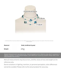 Detailed view of double layered shell necklace with dimensions and bead specifications