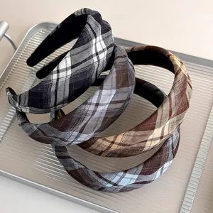 French Vintage Plaid Fabric Wide Headband For Women Padded Thickened Hair Band Fashion Sponge Headband Retro Plaid Hair Hoop
