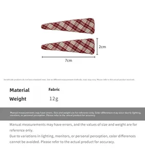 Detailed size specifications for red and white plaid fabric BB hair clips 7cm x 2cm