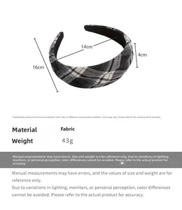 Detailed size measurement of the French vintage plaid fabric headband showing 4cm width