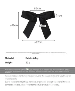 Detailed size specifications for a large black satin bow hair clip with alloy clip fastener