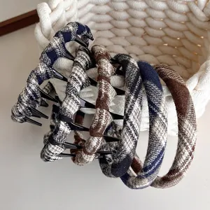 Korean Style Plaid Fabric Wrapped Headband With Teeth Preppy Checkered Non-Slip Hair Hoop Vintage Hair Accessories For Women