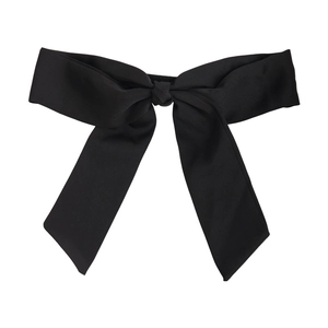 Elegant black satin bow hair clip with refined fabric texture on a clean white background