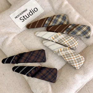 Set of 6 textured fabric hair clips with plaid patterns and fringe edge details