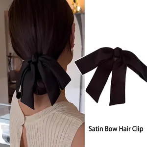 Elegant Large Satin Bow Hair Clip For Women French Vintage Bowknot Spring Clip Fabric Long Ribbon Hairpin Headwear Accessory