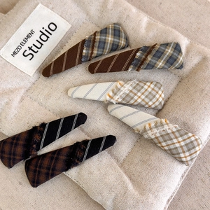 Vintage checkered fabric hair clip set with fringe trim and triangle BB clip design