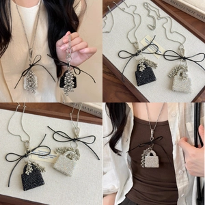 Stainless Steel Rhinestone Mini Bag Pendant Necklace Long Bead Chain Bowknot Sweater Chain Fashion Jewelry For Women