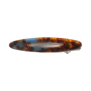 Elegant oval acetate hair clip with hollow center in brown and blue tortoise pattern