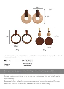 Size chart showing bohemian geometric wood earrings dimensions and product weight details