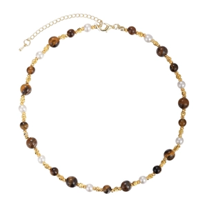 Collier en œil de tigre et perles avec perles facettées dorées et chaîne réglable