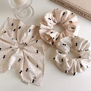 Chouchou en Tissu Beige à Pois Style Français Avec Nœud Doux Style Coréen Coiffure Accessoires Cheveux Femme Bijoux
