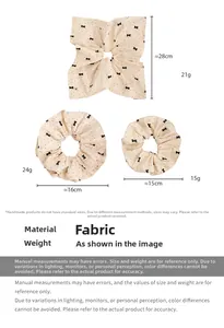 Tableau détaillé pour nœuds beiges à pois et chouchous en tissu avec dimensions et poids