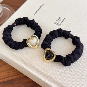 French style black scrunchies set with heart charms and faux pearls for hair styling