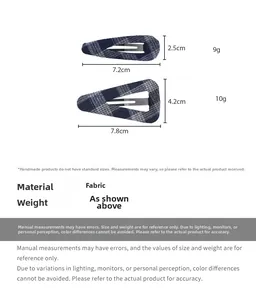 Size guide showing dimensions for blue plaid fabric BB hair clip and triangle hair pin set