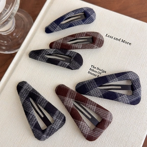 Set of six Korean style plaid fabric BB hair clips with vintage oval and triangle designs