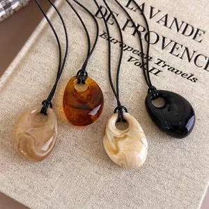 Vintage Resin Waterdrop Pendant Long Necklace For Women Simple Marble Texture Smudge Sweater Chain Autumn Winter Jewelry