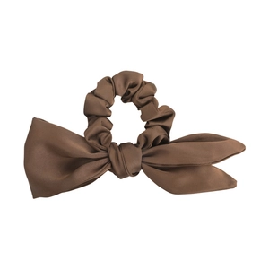 Elegant dark brown satin scrunchie with chic asymmetrical bow for sophisticated hair styling