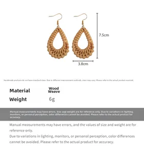 Detailed view of handmade woven wood teardrop earrings with dimensions 7.5cm by 3.8cm