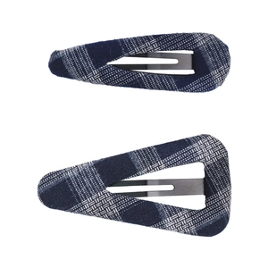 Set of two navy blue plaid fabric hair clips with classic tartan pattern on metal base