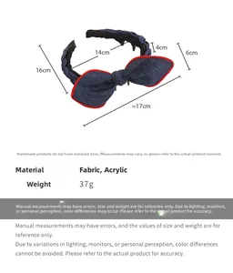 Detailed size chart showing navy denim bow headband dimensions 17cm x 16cm with red stitching