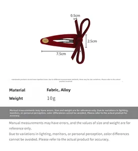 Detailed dimensions of burgundy velvet bow hair clip with golden metal plate