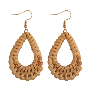 Bohemian handmade rattan teardrop earrings with golden fishhook style hangers