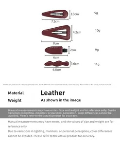 Size chart showing dimensions and weight for four geometric red leather hair clips