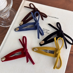 Set of 5 colorful velvet bow hair clips with gold smile happy engraved metal tags