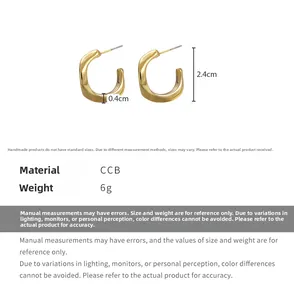 Detail view of lightweight golden C-shape earrings with precise size and weight measurements