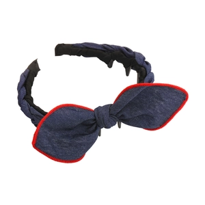 Denim bow headband with red contrast piping and non-slip teeth for women's hair styling