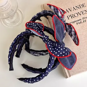 Three-piece set of sweet bow headbands with non-slip teeth in polka dot and denim styles