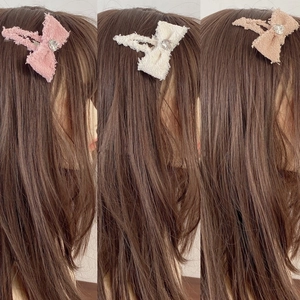 Fermaglio per capelli a fiocco in peluche con strass a cuore rosa, bianco e caffè