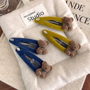 Lot de 4 barrettes à cheveux ours floqués en bleu marine et jaune sur tissu