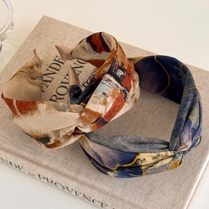 Retro Artistic Abstract Oil Painting Print Wide Twisted Knot Headband For Women Elegant Fabric Cross Hairband Hair Accessories
