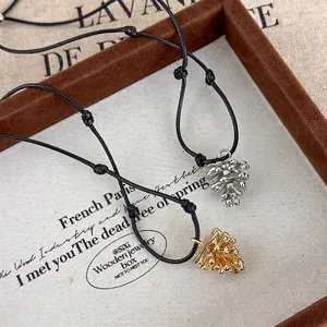 Vintage Adjustable Pinecone Pendant Necklace Copper Electroplated Wax Rope Long Sweater Chain Jewelry For Women Gift
