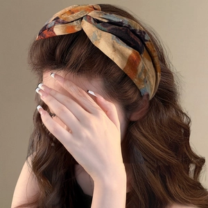 Retro tie-dye wide twist headband with earth-tone abstract print for women's hair styling
