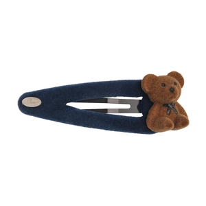 Barrette à cheveux ours floqué bleu foncé avec plaque argentée Love et petit ours